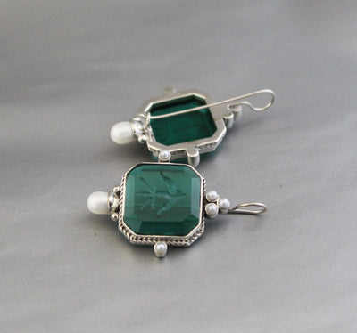 Green Intaglio Earrings, Vintage Style, 925 Sterling Silver, photo 2