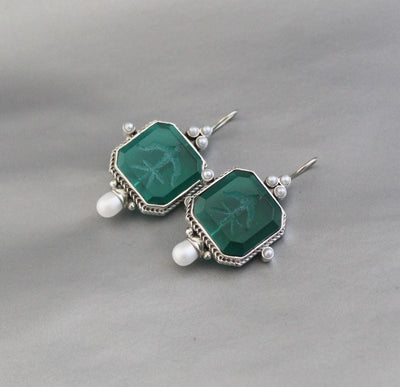 Green Intaglio Earrings, Vintage Style, 925 Sterling Silver, photo 8