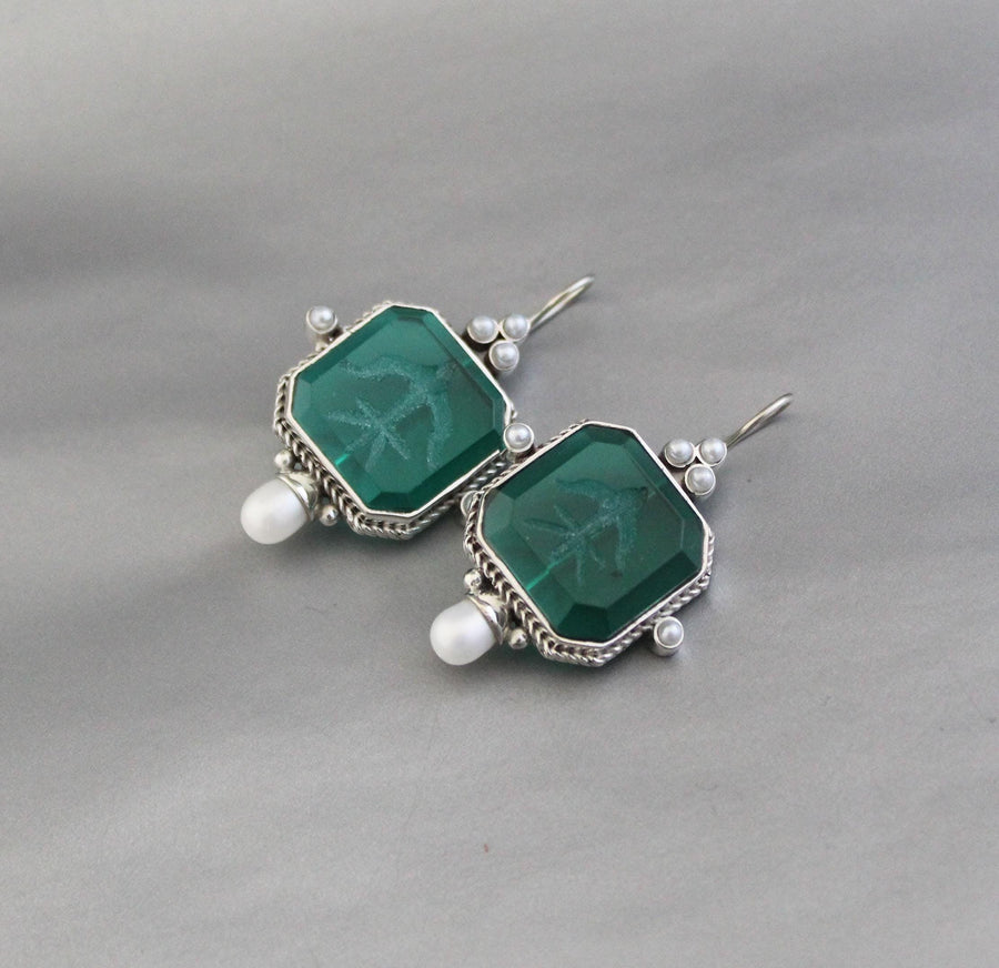 Green Intaglio Earrings, Vintage Style, 925 Sterling Silver, photo 8