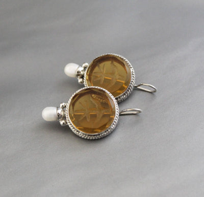 Yellow Glass Intaglio Earrings, Victorian Style, Sterling Silver, photo 7