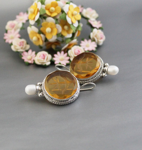 Yellow Glass Intaglio Earrings, Victorian Style, Sterling Silver