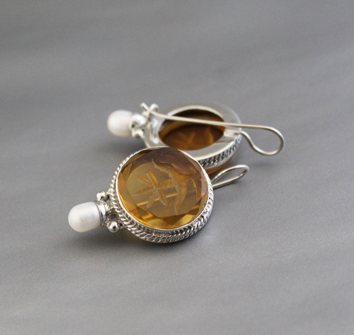 Yellow Glass Intaglio Earrings, Victorian Style, Sterling Silver, photo 2