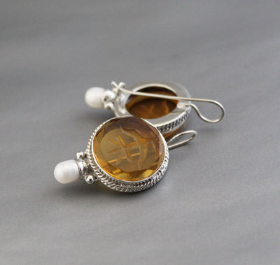 Yellow Glass Intaglio Earrings, Victorian Style, Sterling Silver, photo 2