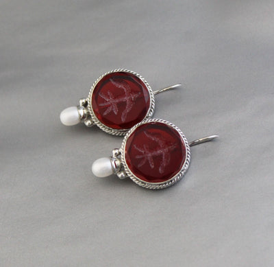 Red Crystal Fleur-de-lis Intaglio Earrings, Victorian Style, 925 Sterling Silver, photo 8
