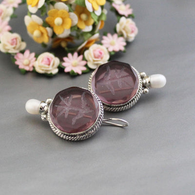 Purple Fleur-de-lis Intaglio Earrings, Bridal Pearls, Gold