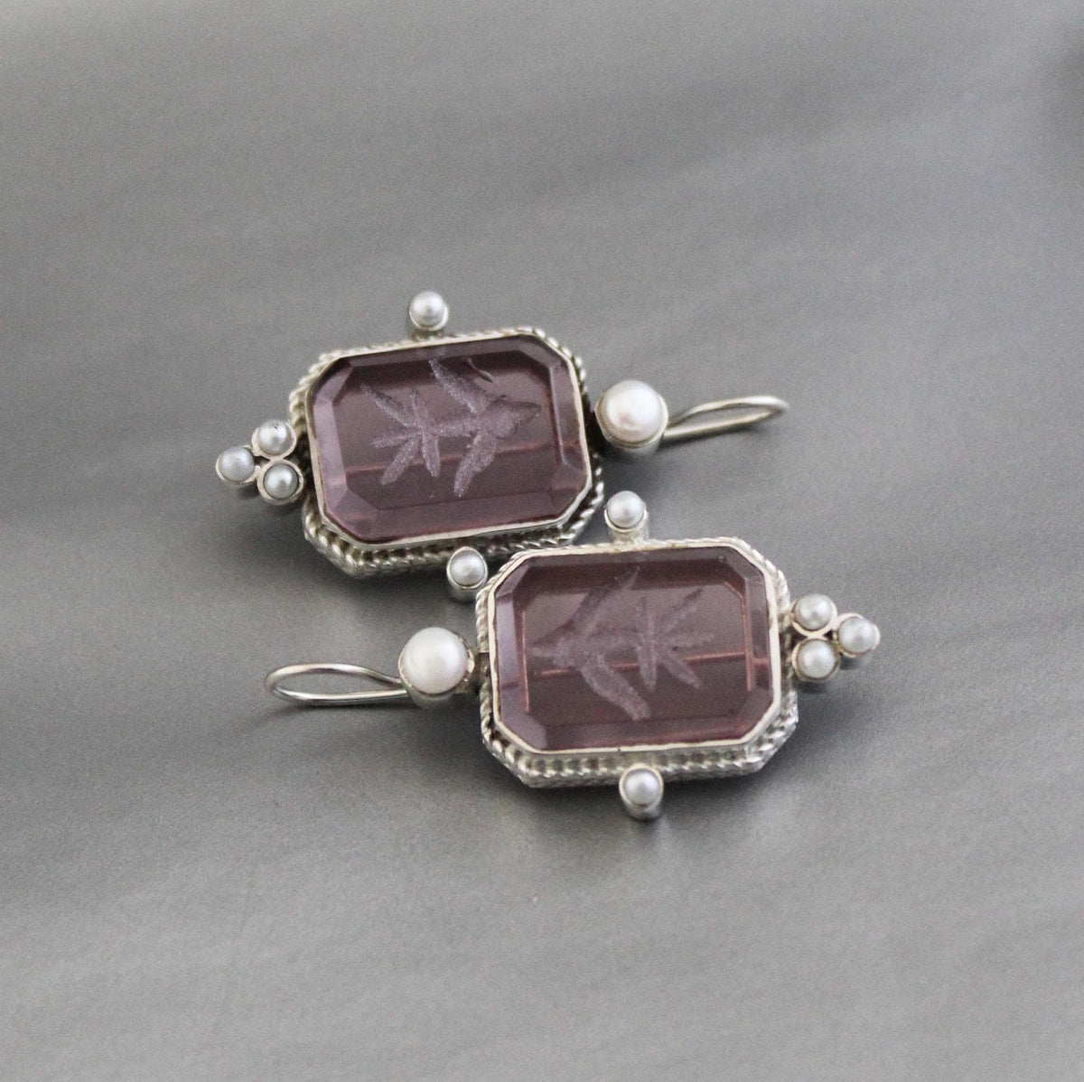Purple Quartz Intaglio Earrings, 925 Sterling Silver