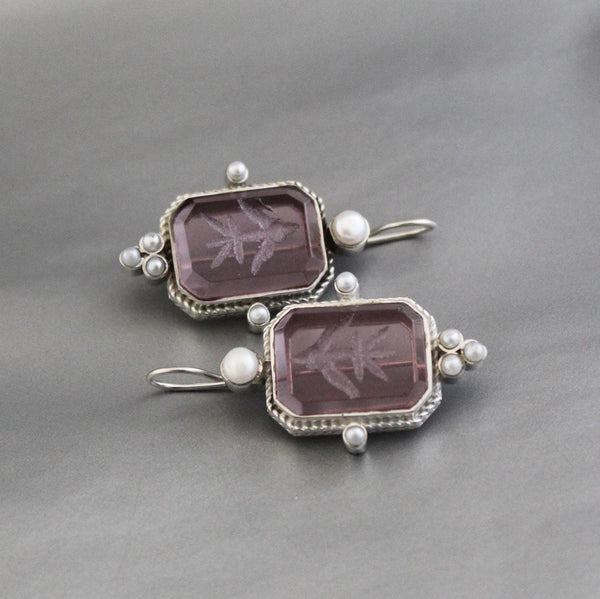 Purple Quartz Intaglio Earrings, 925 Sterling Silver