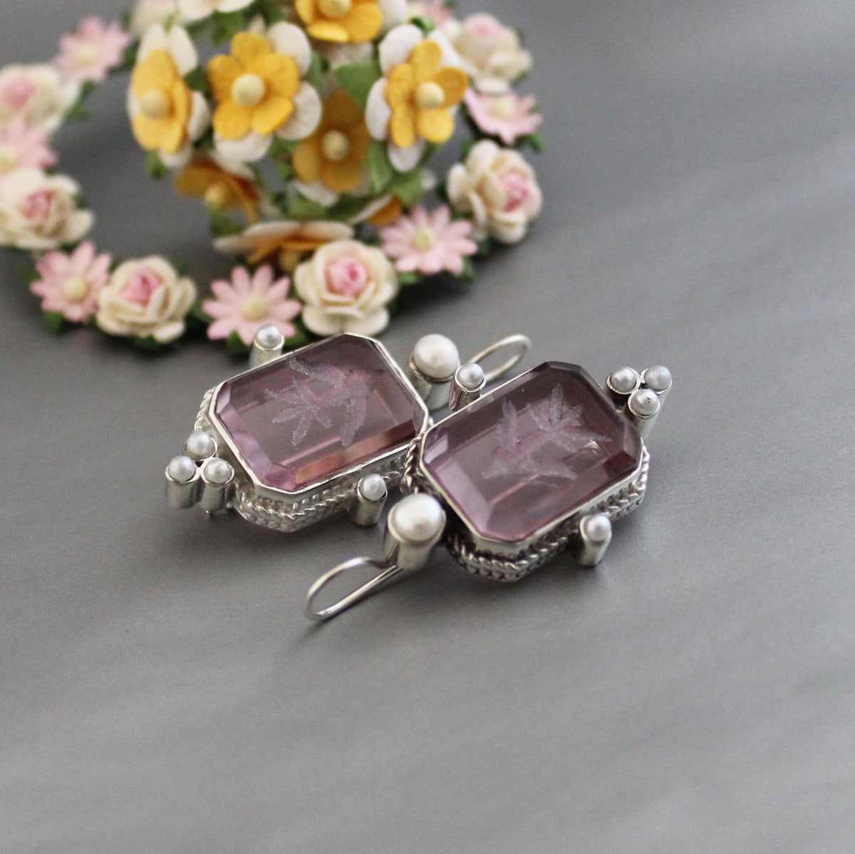 Purple Quartz Intaglio Earrings, 925 Sterling Silver, photo 4
