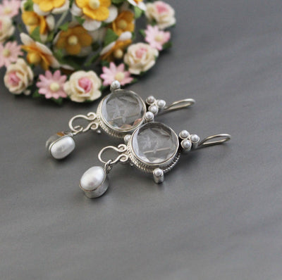 Crystal Quartz Intaglio Earrings, Glass Cameo, 925 Sterling Silver, photo 4