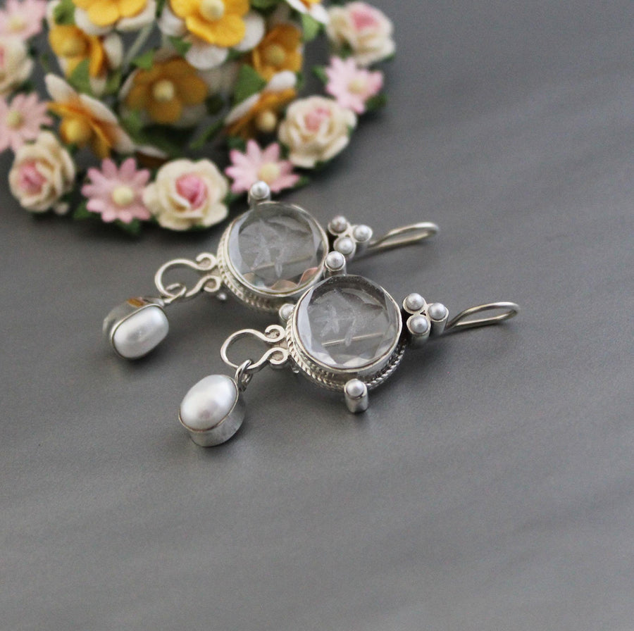 Crystal Quartz Intaglio Earrings, Glass Cameo, 925 Sterling Silver, photo 4