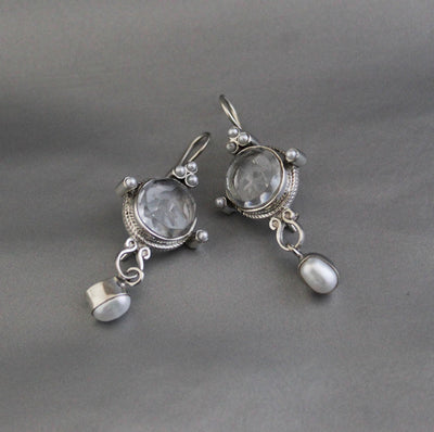 Crystal Quartz Intaglio Earrings, Glass Cameo, 925 Sterling Silver, photo 7