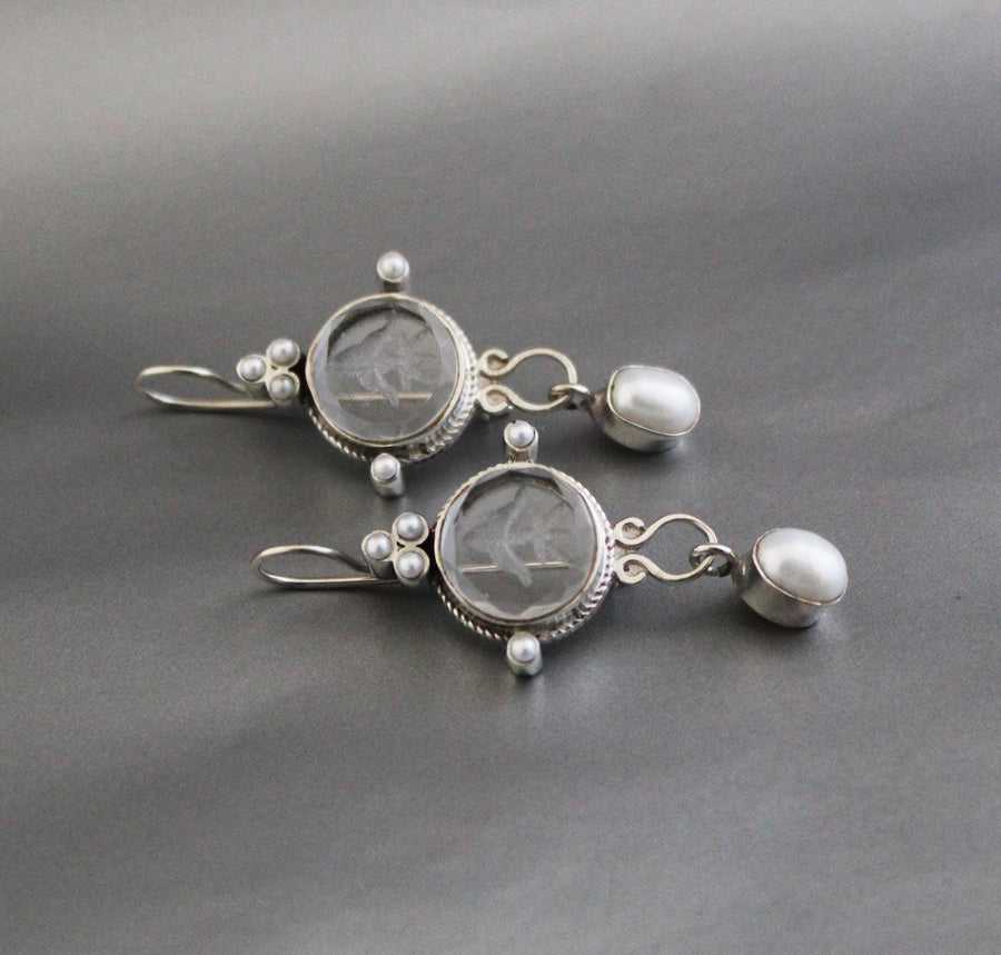 Crystal Quartz Intaglio Earrings, Glass Cameo, 925 Sterling Silver, photo 6