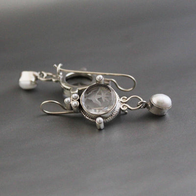 Crystal Quartz Intaglio Earrings, Glass Cameo, 925 Sterling Silver, photo 2