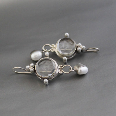 Crystal Quartz Intaglio Earrings, Glass Cameo, 925 Sterling Silver