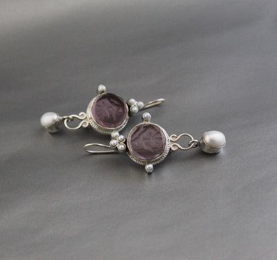 Purple Quartz Intaglio Earrings, Crystal Dangles, 925 Sterling Silver, photo 6
