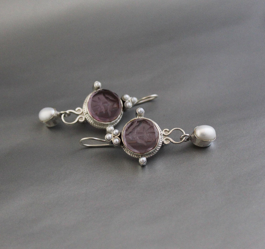 Purple Quartz Intaglio Earrings, Crystal Dangles, 925 Sterling Silver, photo 6