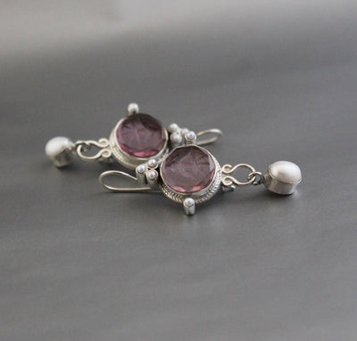 Purple Quartz Intaglio Earrings, Crystal Dangles, 925 Sterling Silver, photo 7