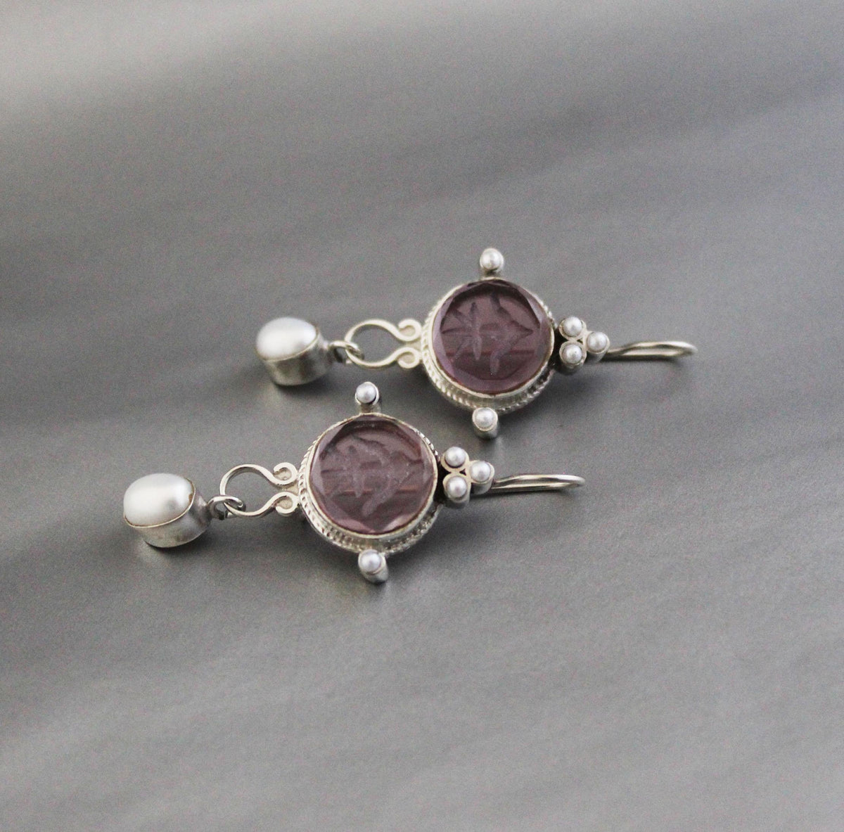Purple Quartz Intaglio Earrings, Crystal Dangles, 925 Sterling Silver, photo 4