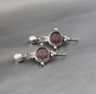 Purple Quartz Intaglio Earrings, Crystal Dangles, 925 Sterling Silver, photo 4