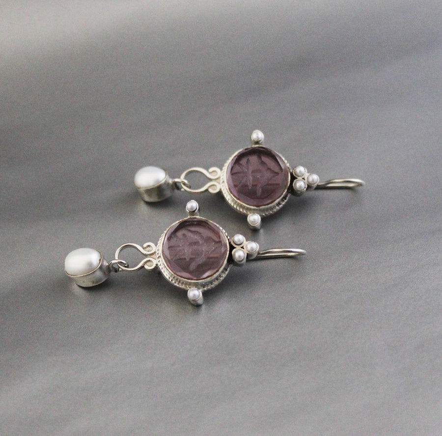 Purple Quartz Intaglio Earrings, Crystal Dangles, 925 Sterling Silver, photo 4