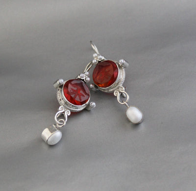 Red Fleur-de-lis Intaglio Earrings, Victorian Pearl Drops, photo 7