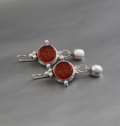 Red Fleur-de-lis Intaglio Earrings, Victorian Pearl Drops, photo 8