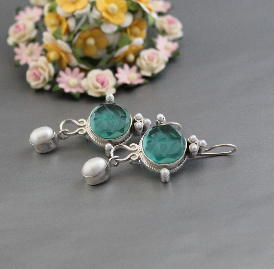 Green Glass Intaglio Chandelier Earrings, Art Deco Style, 925 Sterling Silver