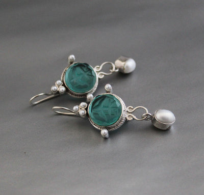 Green Glass Intaglio Chandelier Earrings, Art Deco Style, 925 Sterling Silver, photo 9