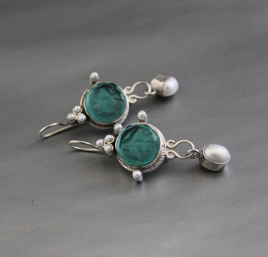Green Glass Intaglio Chandelier Earrings, Art Deco Style, 925 Sterling Silver, photo 9