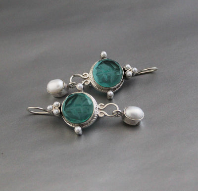 Green Glass Intaglio Chandelier Earrings, Art Deco Style, 925 Sterling Silver, photo 10