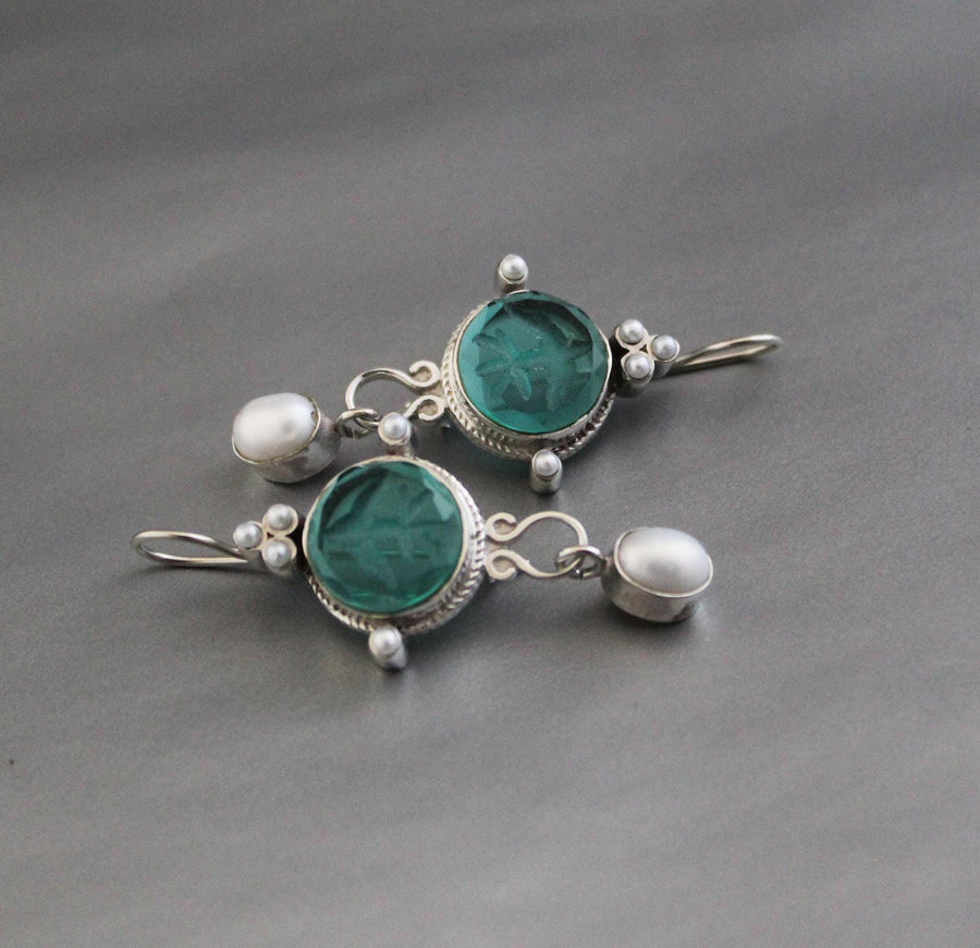 Green Glass Intaglio Chandelier Earrings, Art Deco Style, 925 Sterling Silver, photo 10