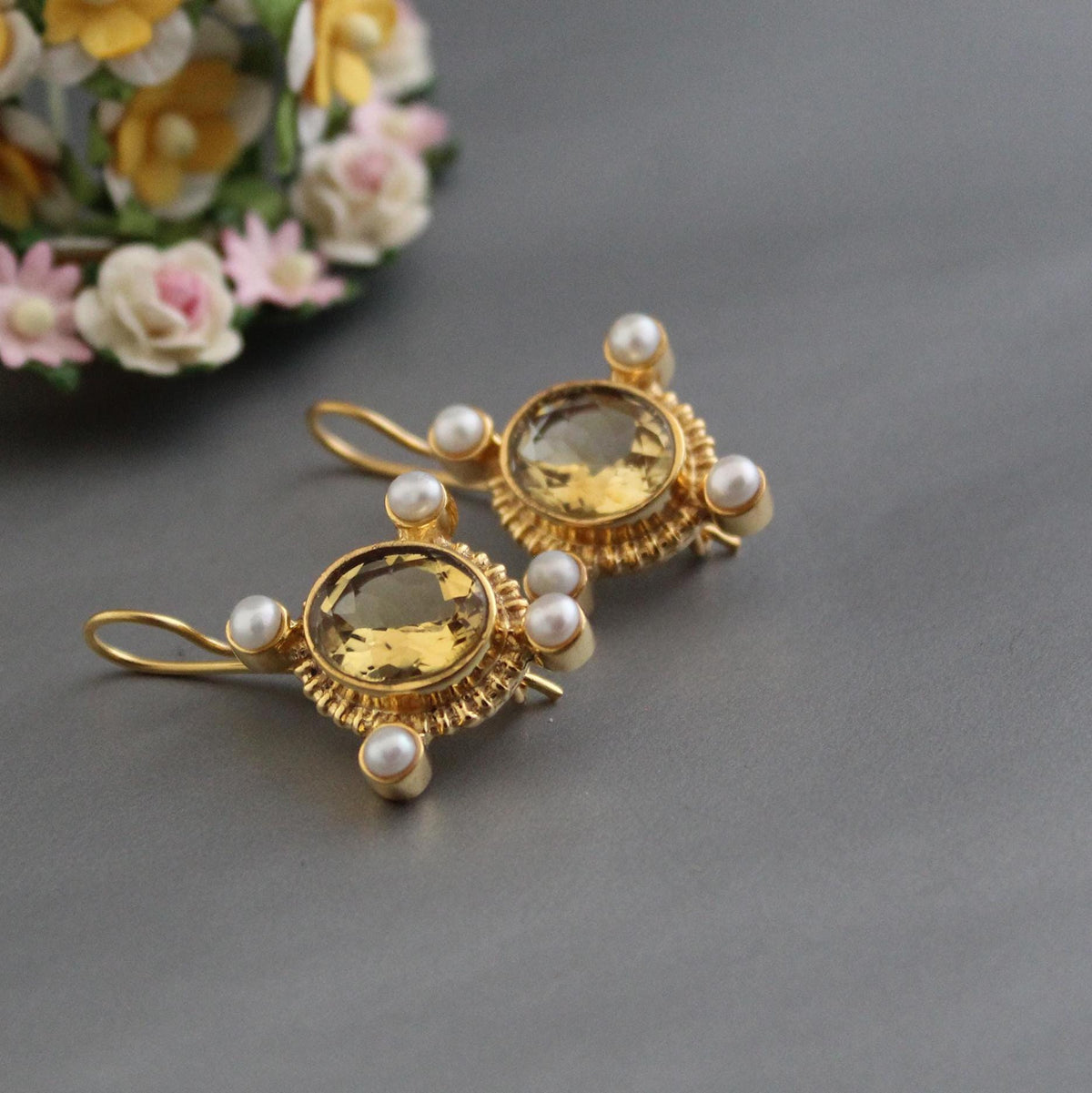 Citrine Earrings, Victorian Style, Gold, photo 3