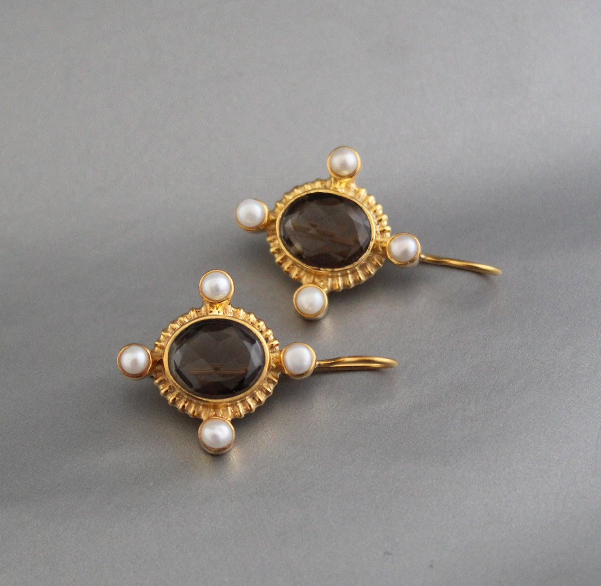 Smokey Quartz Intaglio Earrings, Victorian Style, Gold and Pearl, photo 2