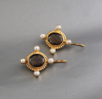 Smokey Quartz Intaglio Earrings, Victorian Style, Gold and Pearl, photo 2
