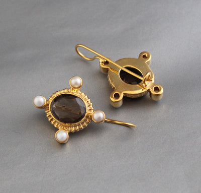 Smokey Quartz Intaglio Earrings, Victorian Style, Gold and Pearl, photo 6