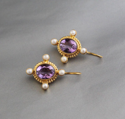 Amethyst Intaglio Earrings, Victorian Style with Pearls, photo 6