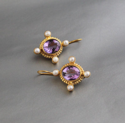 Amethyst Intaglio Earrings, Victorian Style with Pearls, photo 7