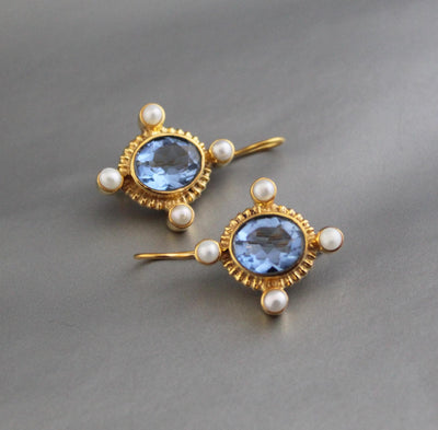 Iolite Intaglio Earrings, Victorian Style with Pearls, photo 5