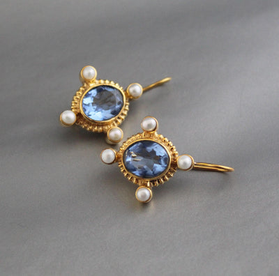 Iolite Intaglio Earrings, Victorian Style with Pearls, photo 2