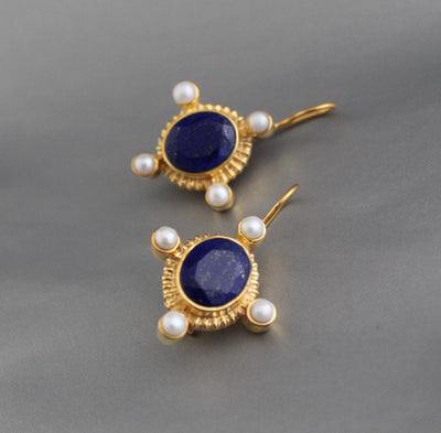 Lapis Lazuli Intaglio Earrings, Victorian Style, Gold and Pearl, photo 5