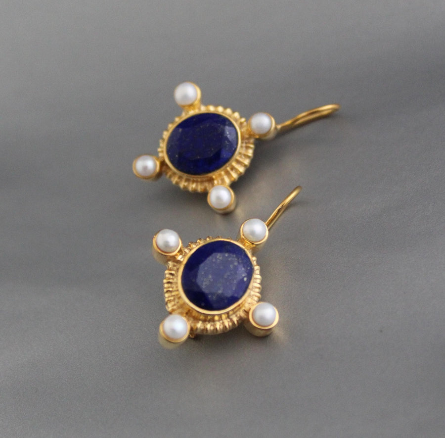 Lapis Lazuli Intaglio Earrings, Victorian Style, Gold and Pearl, photo 5