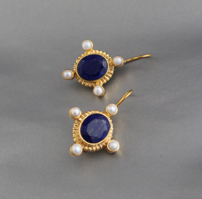 Lapis Lazuli Intaglio Earrings, Victorian Style, Gold and Pearl, photo 6