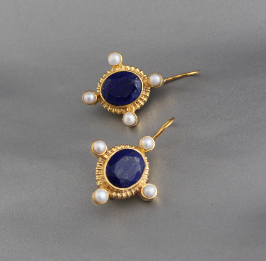 Lapis Lazuli Intaglio Earrings, Victorian Style, Gold and Pearl, photo 6