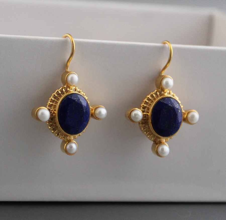 Lapis Lazuli Intaglio Earrings, Victorian Style, Gold and Pearl, photo 10