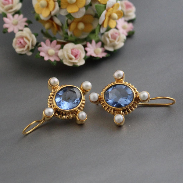 Iolite Intaglio Earrings, Victorian Style with Pearls
