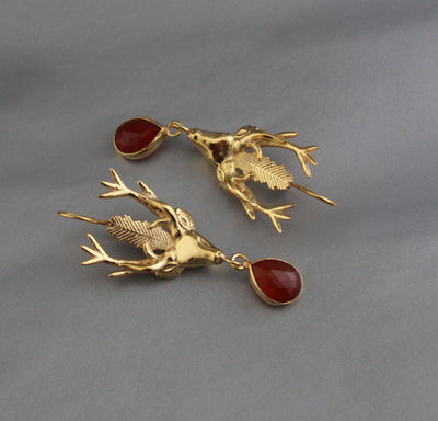 Carnelian Stag Head Intaglio Earrings, Victorian Gold, photo 6