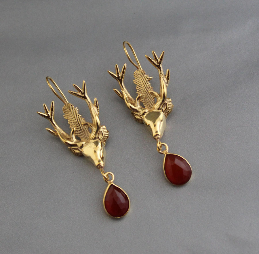Carnelian Stag Head Intaglio Earrings, Victorian Gold, photo 3