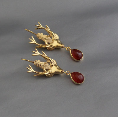 Carnelian Stag Head Intaglio Earrings, Victorian Gold, photo 5