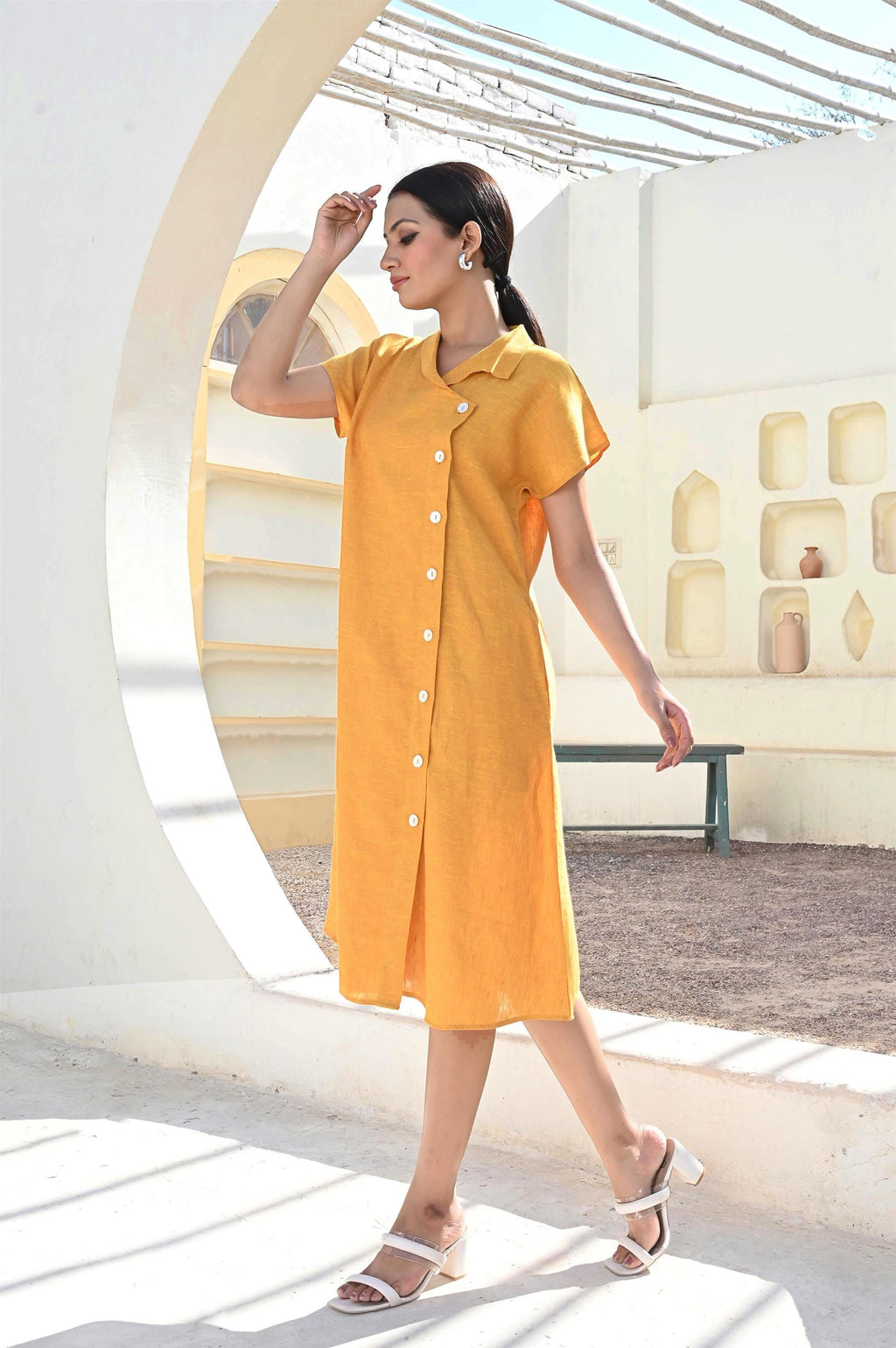 Linen Button Down Shirt Dress: Short Sleeve Collared Tunic
