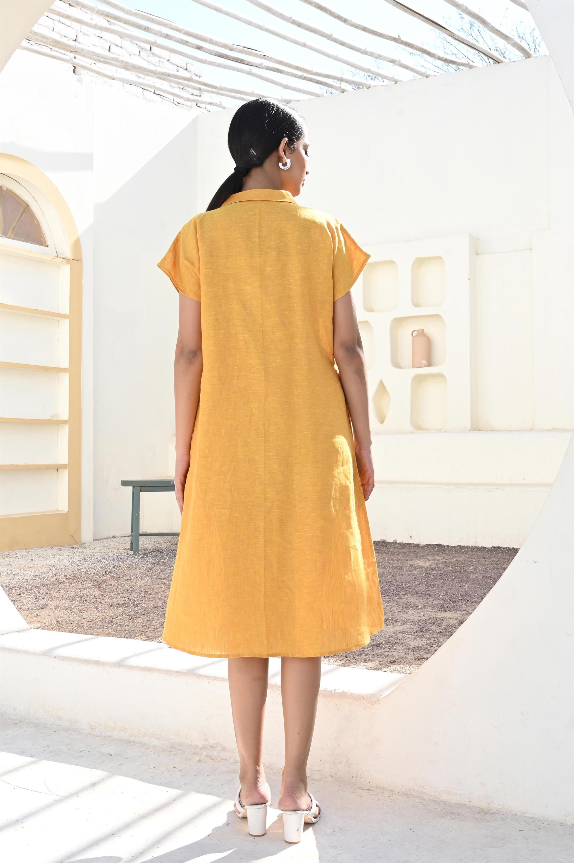 Linen Button Down Shirt Dress: Short Sleeve Collared Tunic